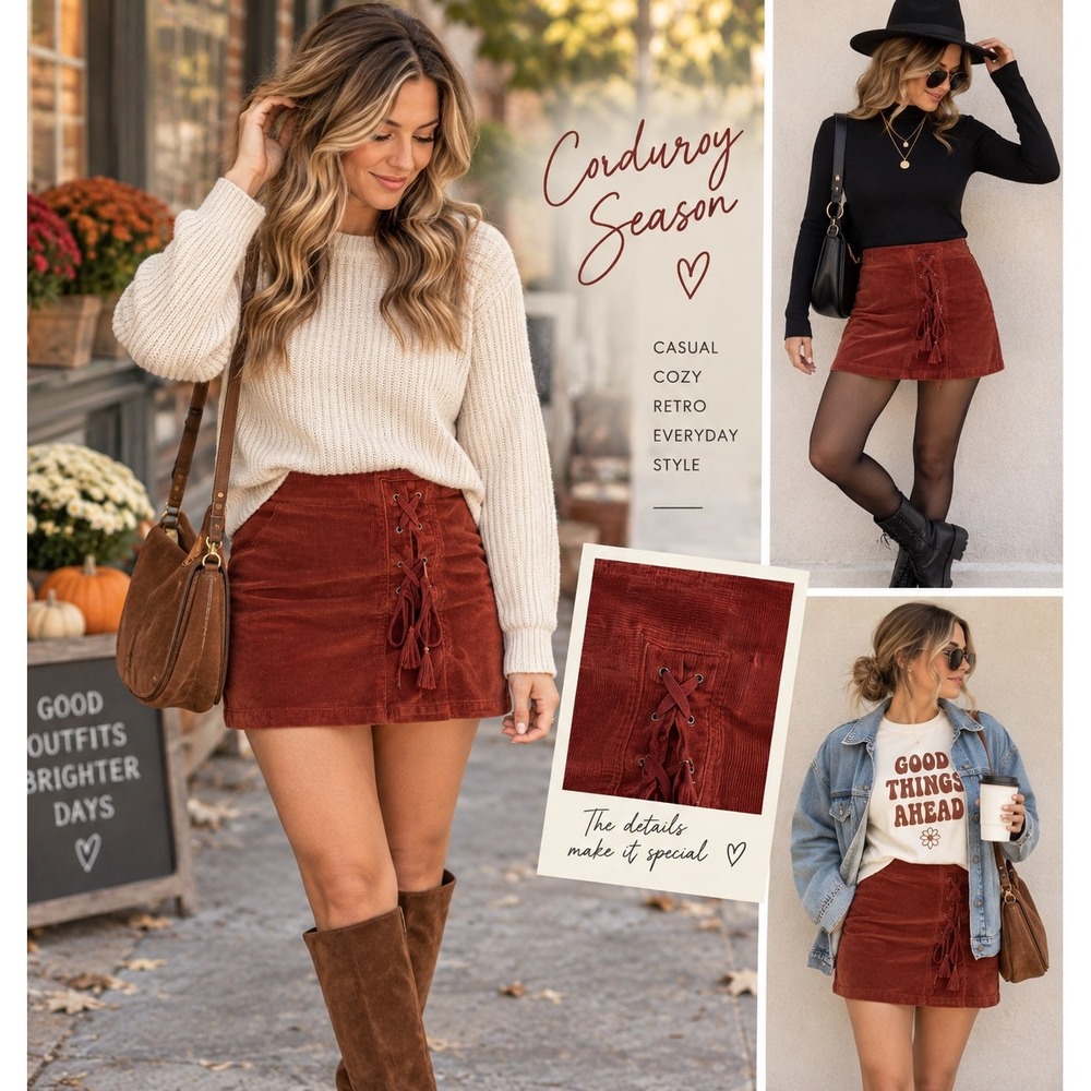 SO Good For Life Corduroy Mini Skirt 20 38W Rust Lace Up Y2K Boho Stretch